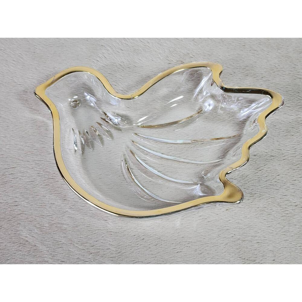 Mikasa Trinket Candy Dish Bird Dove Shaped Clear Glass Gold Trim Accent Vintage